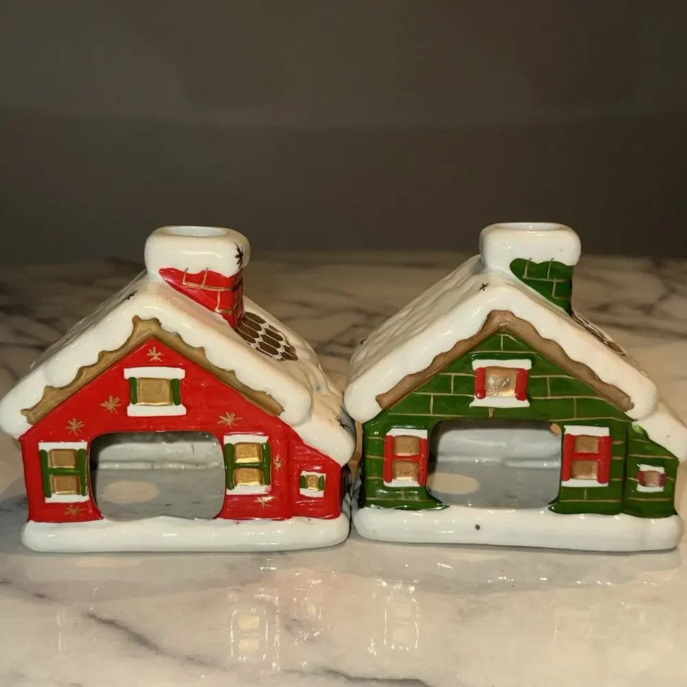 2 Vtg Christmas Tea Light‎ Candle Holder Houses Ski Chalet Cabin Smoking Chimney